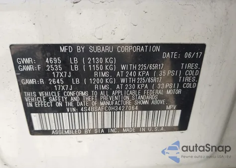 2017 Subaru Outback 2.5I Premium z USA, uszkodzony, nr VIN 4S4BSAFC0H3427064